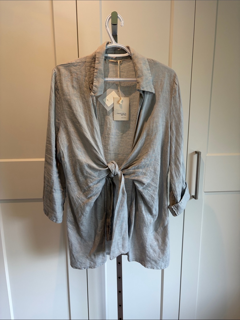 Relaxed 100% Linen Tie-Front Button-Down Shirt Jacket in Light Gray
